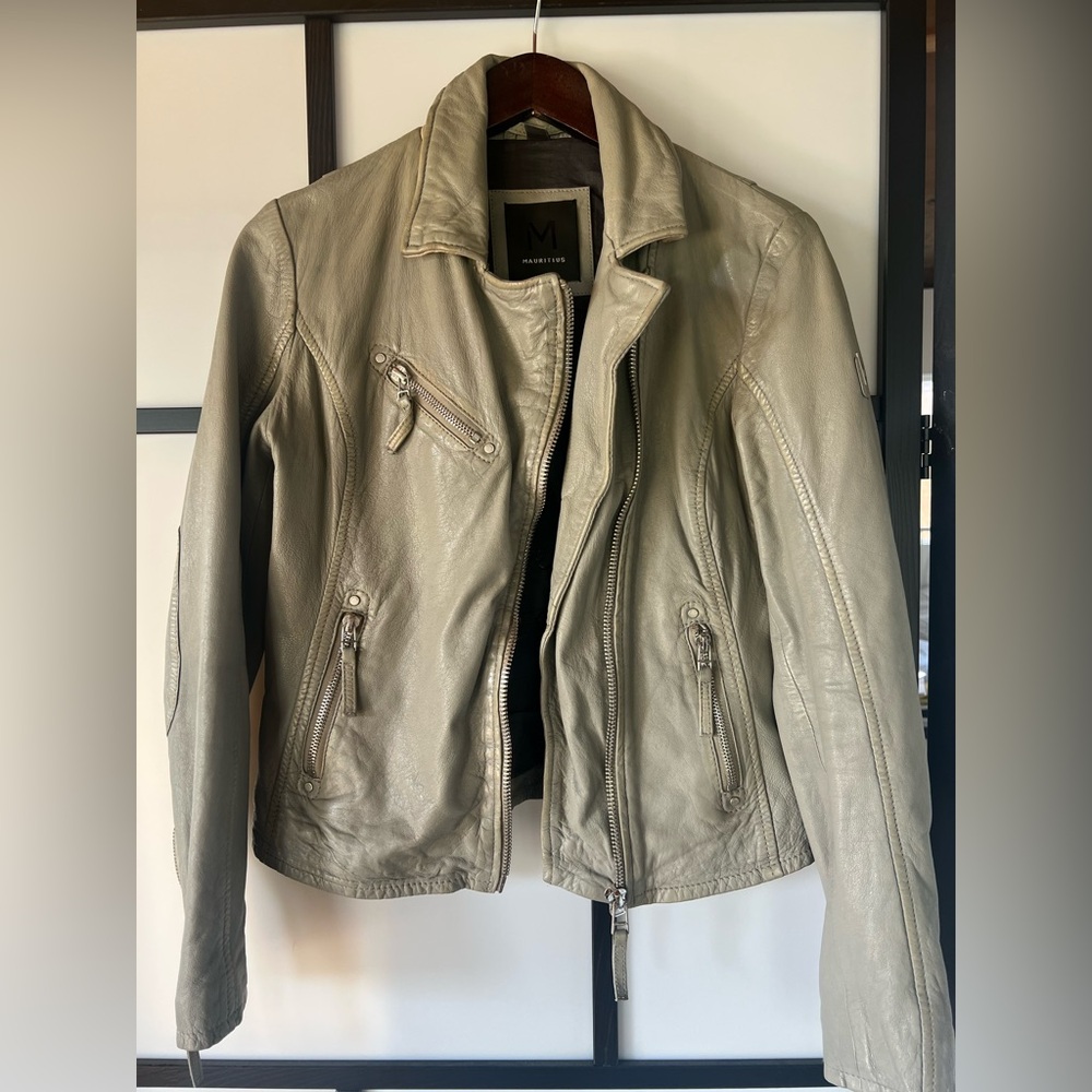 Mauritius Women's Leather Jacket - Beige with Just smile & studded hearts